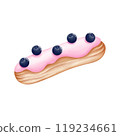 Hand drawn blueberry  eclair clipart. Watercolor dessert illustration isolated on white background. Birthday,invitation,cards,greeting,menus,logos. 119234661