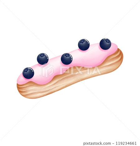 Hand drawn blueberry  eclair clipart. Watercolor dessert illustration isolated on white background. Birthday,invitation,cards,greeting,menus,logos. 119234661