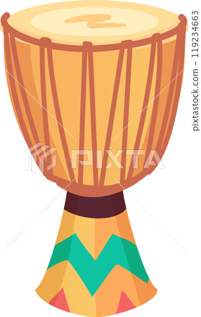 This hand painted African drum is crafted from natural materials featuring vibrant colors and intricate patterns. It stands out on a plain white background emphasizing its beauty and craftsmanship This hand painted African drum is crafted from natural materials featuring vibrant colors and intricate patterns. It stands out on a plain white background emphasizing its beauty and craftsmanship 119234663