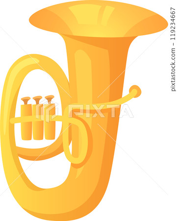 The bright yellow tuba stands out with its unique curves and three valves reflecting light and presenting an inviting appearance for music enthusiasts 119234667