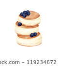 Hand drawn blueberry     syrniki clipart. Watercolor dessert illustration isolated on white background. Birthday,invitation,cards,greeting,menus,logos. 119234672