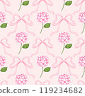 Watercolor aesthetic hydrangea and bow seamless pattern. Hand draw Illustration . For fabric, packaging paper, scrapbooking 119234682