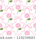 Watercolor aesthetic hydrangea and bow seamless pattern. Hand draw Illustration . For fabric, packaging paper, scrapbooking 119234683