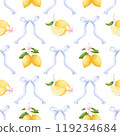 Seamless pattern of lemons and bow. Aesthetic lemon tree branches, lemon fruits and flowers in a beautiful pattern. For fabric, packaging paper, scrapbooking. 119234684
