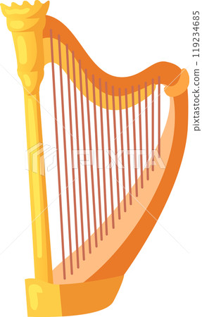 A beautifully designed golden harp stands tall featuring numerous strings that shimmer in the light creating a vibrant musical atmosphere A beautifully designed golden harp stands tall featuring numerous strings that shimmer in the light creating a vibrant musical atmosphere 119234685