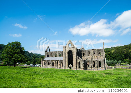 Tintern Abbey, a much crumbling historic stone site under a bright blue sky, in rural South Wales Tintern Abbey, a much crumbling historic stone site under a bright blue sky, in rural South Wales 119234691