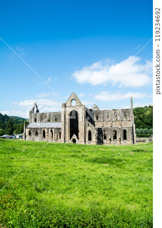 Tintern Abbey, a much crumbling historic stone site under a bright blue sky, in rural South Wales Tintern Abbey, a much crumbling historic stone site under a bright blue sky, in rural South Wales 119234692