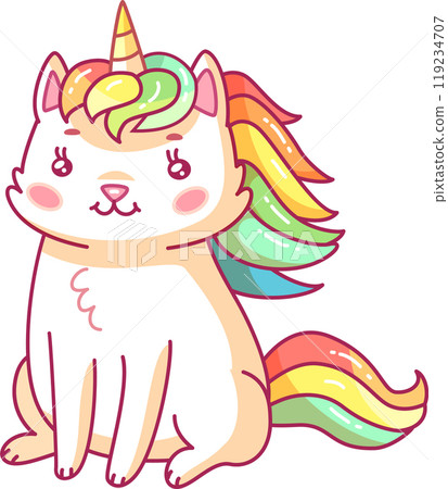 A cheerful cartoon cat with a colorful rainbow mane and a unicorn horn sits happily. Its playful expression brightens the atmosphere inviting smiles from viewers 119234707