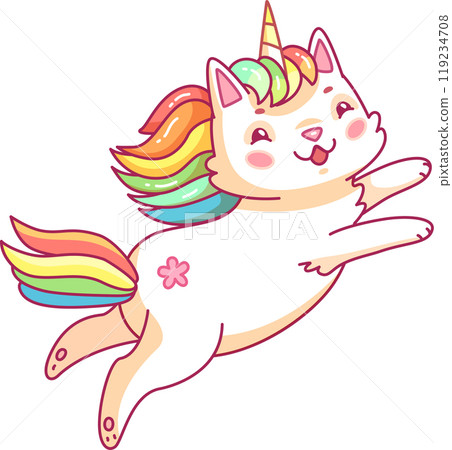 This delightful creature part cat and part unicorn leaps through the air with a vibrant rainbow colored mane showcasing a whimsical and cheerful design This delightful creature part cat and part unicorn leaps through the air with a vibrant rainbow colored mane showcasing a whimsical and cheerful design 119234708