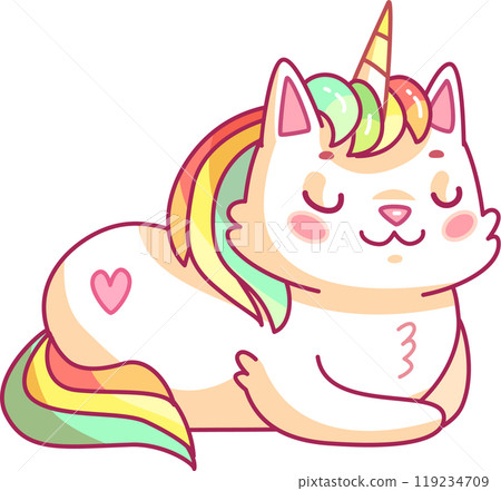 This adorable creature blends features of a cat and a unicorn sporting a vibrant rainbow mane and pastel colors. It looks joyful and content while relaxing appealing to cat lovers and unicorn fans 119234709
