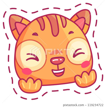 A joyful cartoon cat character with large round eyes and a cheerful smile features a bright orange color and simple bubbly design elements that convey playfulness 119234722