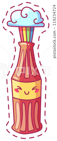 The cheerful soda bottle features a smiling face topped with a playful cloud and colorful straws evoking a sense of joy and summer refreshment for everyone 119234724