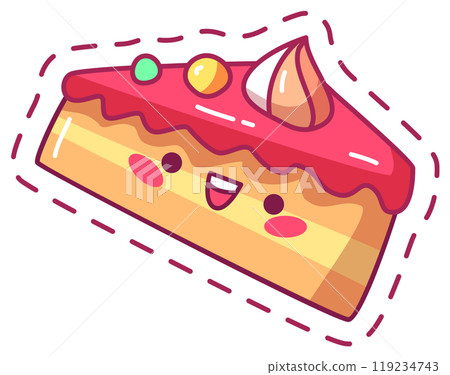 A cheerful slice of cake appears with a happy face bright colors and playful toppings. This delightful dessert emanates joy and charm perfect for any sweet toothed enthusiast 119234743