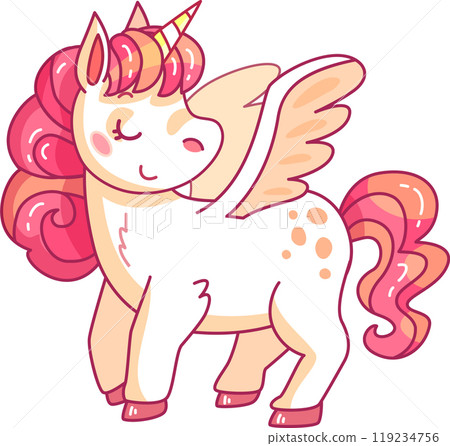 The charming unicorn stands proudly with its wings outstretched showcasing its playful spirit and colorful mane against a joyful backdrop The charming unicorn stands proudly with its wings outstretched showcasing its playful spirit and colorful mane against a joyful backdrop 119234756