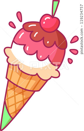 A vibrant ice cream cone features scoops of pink and white ice cream topped with a cherry and surrounded by chocolate drizzle evoking a fun sweet treat 119234757