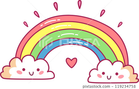 A vibrant cartoon style rainbow emerges from fluffy smiling clouds adorned with a heart creating a joyful and playful atmosphere suitable for kids art or decorations A vibrant cartoon style rainbow emerges from fluffy smiling clouds adorned with a heart creating a joyful and playful atmosphere suitable for kids art or decorations 119234758