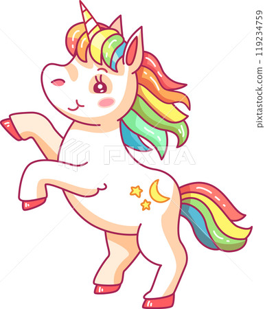 This cheerful unicorn sways gracefully on its hind legs showcasing a vibrant mane and tail. Its friendly expression captures the essence of magic and joy 119234759