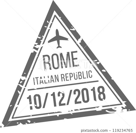 A travel stamp showcases the date of October 12 2018 along with the name Rome and a silhouette of an airplane representing travel to Italy A travel stamp showcases the date of October 12 2018 along with the name Rome and a silhouette of an airplane representing travel to Italy 119234765