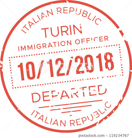 A red immigration stamp imprint marks the departure date of October 12 2018 from Italy issued in Turin by an immigration officer A red immigration stamp imprint marks the departure date of October 12 2018 from Italy issued in Turin by an immigration officer 119234767