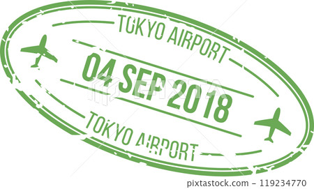 This design showcases a green date stamp from Tokyo Airport marked September 4 2018 illustrating airplane silhouettes and location details 119234770
