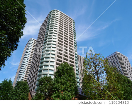 High-rise apartment buildings shining against the blue sky | Tsukuda, Chuo Ward High-rise apartment buildings shining against the blue sky | Tsukuda, Chuo Ward 119234813