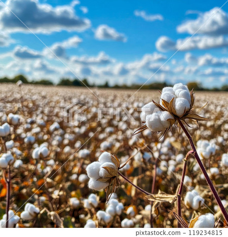 Close-up of a cotton boll on a plant stem, against a background of a field and sky with clouds 119234815