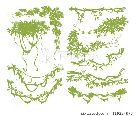 Cartoon liana creepers branches. Tropical climbing liana plants with moss, rainforest flora flat vector illustration set. Jungle liana vines on white 119234976
