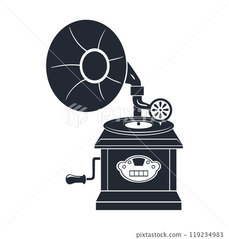 Gramophone player silhouette. Vintage gramophone for listening music, retro nostalgic music device flat vector illustration. Antique gramophone silhouette Gramophone player silhouette. Vintage gramophone for listening music, retro nostalgic music device flat vector illustration. Antique gramophone silhouette 119234983