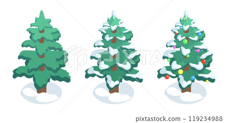 Isometric Christmas trees. Snowy and decorated xmas green fir trees 3d vector illustration set. Winter Holidays fir trees collection 119234988