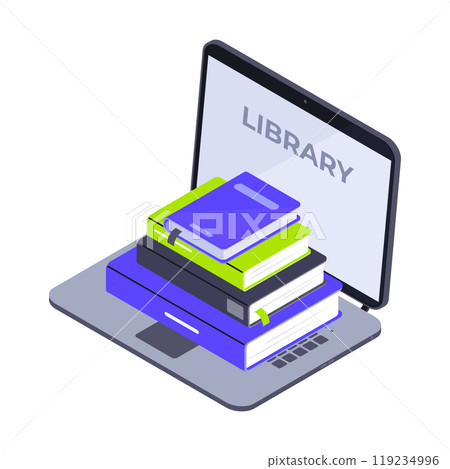 Isometric online books library. Reading and e-learning audiobooks stack, book pile and laptop 3d flat vector illustration. E-books concept on white Isometric online books library. Reading and e-learning audiobooks stack, book pile and laptop 3d flat vector illustration. E-books concept on white 119234996