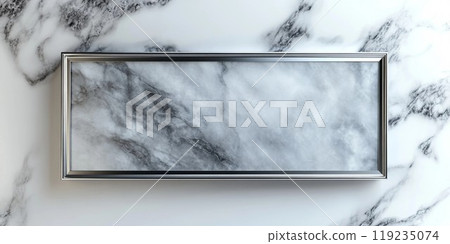 Black and white marbled background with silver rectangular frame. Elegant abstract horizontal template. AI generated image. 119235074