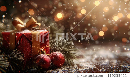 A close up of a Christmas gift and bright decorations on the table. Christmas background with copy space. AI-generated content. 119235421