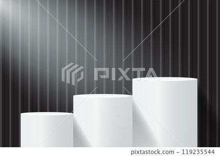 Abstract 3D black podium background. Modern minimalist mockup for product display presentation. Realistic black cylinder pedestal podium. Abstract 3D black podium background. Modern minimalist mockup for product display presentation. Realistic black cylinder pedestal podium. 119235544