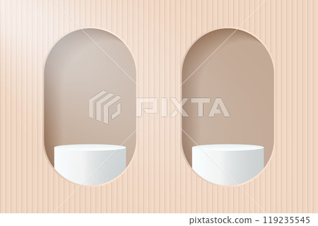 Abstract 3D beige podium background. Modern minimalist mockup for product display presentation. Realistic beige cylinder pedestal podium. Abstract 3D beige podium background. Modern minimalist mockup for product display presentation. Realistic beige cylinder pedestal podium. 119235545