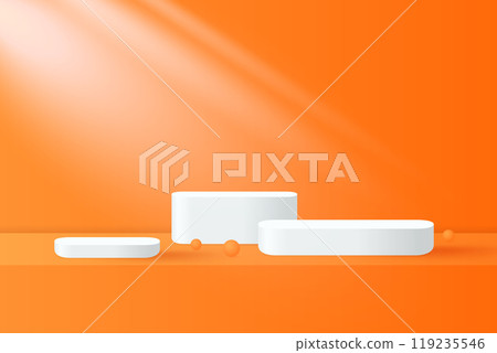 Abstract 3D orange podium background. Modern minimalist mockup for product display presentation. Realistic orange cylinder pedestal podium. Abstract 3D orange podium background. Modern minimalist mockup for product display presentation. Realistic orange cylinder pedestal podium. 119235546