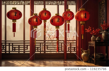 Luminous Chinese Temple Corridor at Dusk Luminous Chinese Temple Corridor at Dusk 119235786