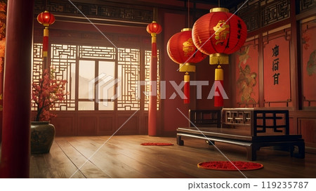 Luminous Chinese Temple Corridor at Dusk Luminous Chinese Temple Corridor at Dusk 119235787