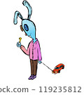 A toy blue hare examines a bolt in his hand. a toy is tied on a string. Vector illustration 119235812