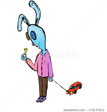 A toy blue hare examines a bolt in his hand. a toy is tied on a string. Vector illustration 119235812