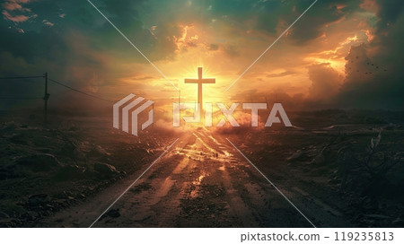 large cross illuminated by a golden sunset, set in a desolate, apocalyptic landscape. The light from the setting sun beams through the cross, casting long shadows on the rugged, muddy ground. 119235813