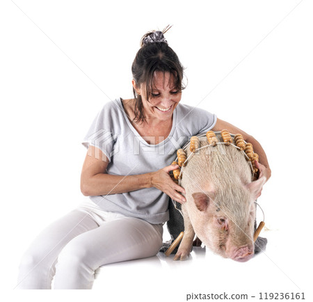 miniature pig and woman in studio 119236161