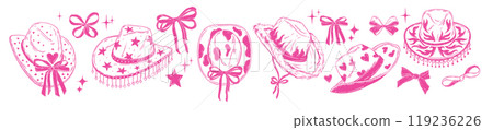 Cowgirl pink hat set, vector hand drawn wild west headwear, holiday bachelorette costume, ribbon bow Cowgirl pink hat set, vector hand drawn wild west headwear, holiday bachelorette costume, ribbon bow 119236226