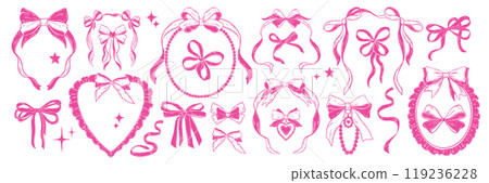 Coquettish ribbon bow vector set, Valentine girly frame kit, romantic pink border, vintage accessory 119236228