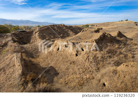 Ancient Penjikent ruins aerial panoramic view, Tajikistan 119236320