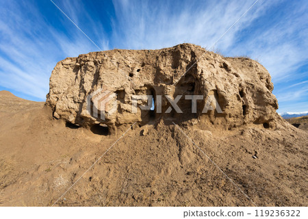 Ancient Penjikent ruins aerial panoramic view, Tajikistan 119236322