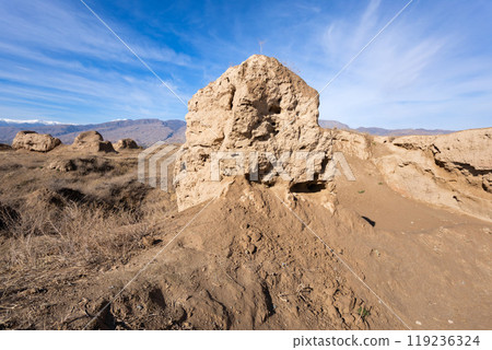 Ancient Penjikent ruins aerial panoramic view, Tajikistan 119236324