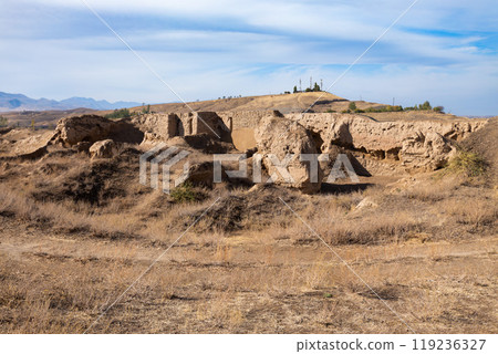 Ancient Penjikent ruins aerial panoramic view, Tajikistan 119236327