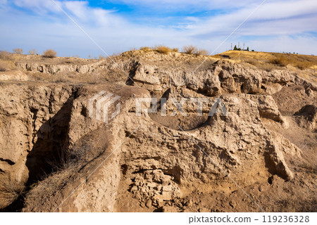 Ancient Penjikent ruins aerial panoramic view, Tajikistan 119236328