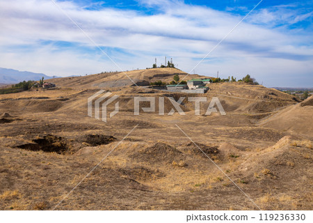 Ancient Penjikent ruins aerial panoramic view, Tajikistan 119236330