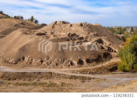 Ancient Penjikent ruins aerial panoramic view, Tajikistan Ancient Penjikent ruins aerial panoramic view, Tajikistan 119236331